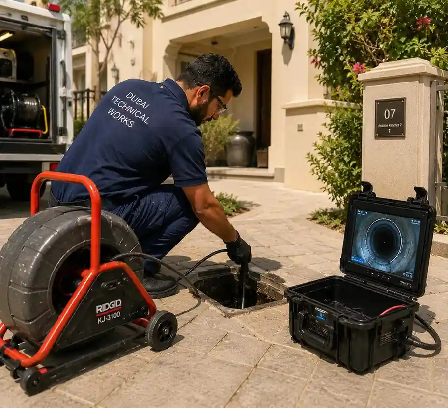 Technician cleaning a villa sewer line with drain jetting equipment in Arabian Ranches