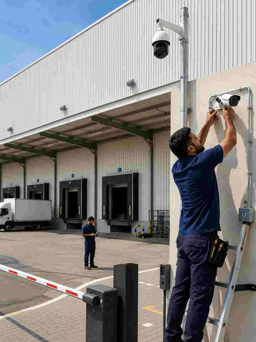 Technician installing CCTV camera at a warehouse in Ajman Free Zone