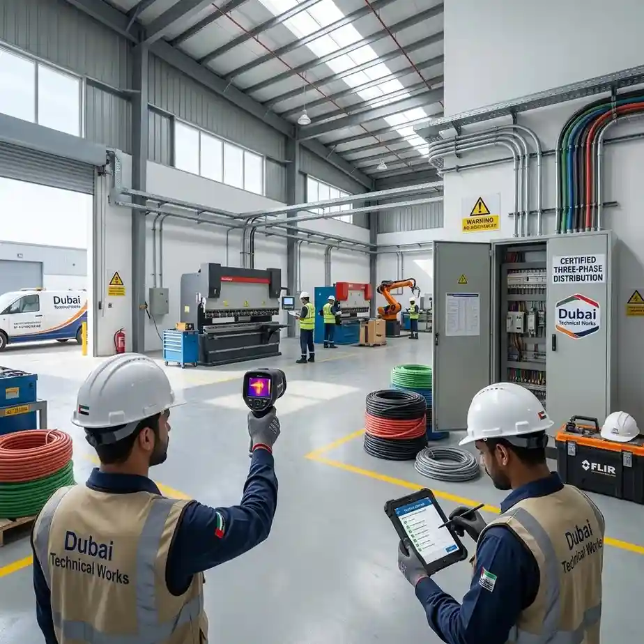 Certified electricians testing a three-phase electrical distribution panel and industrial machine connections inside a warehouse in Al Quoz, Dubai.