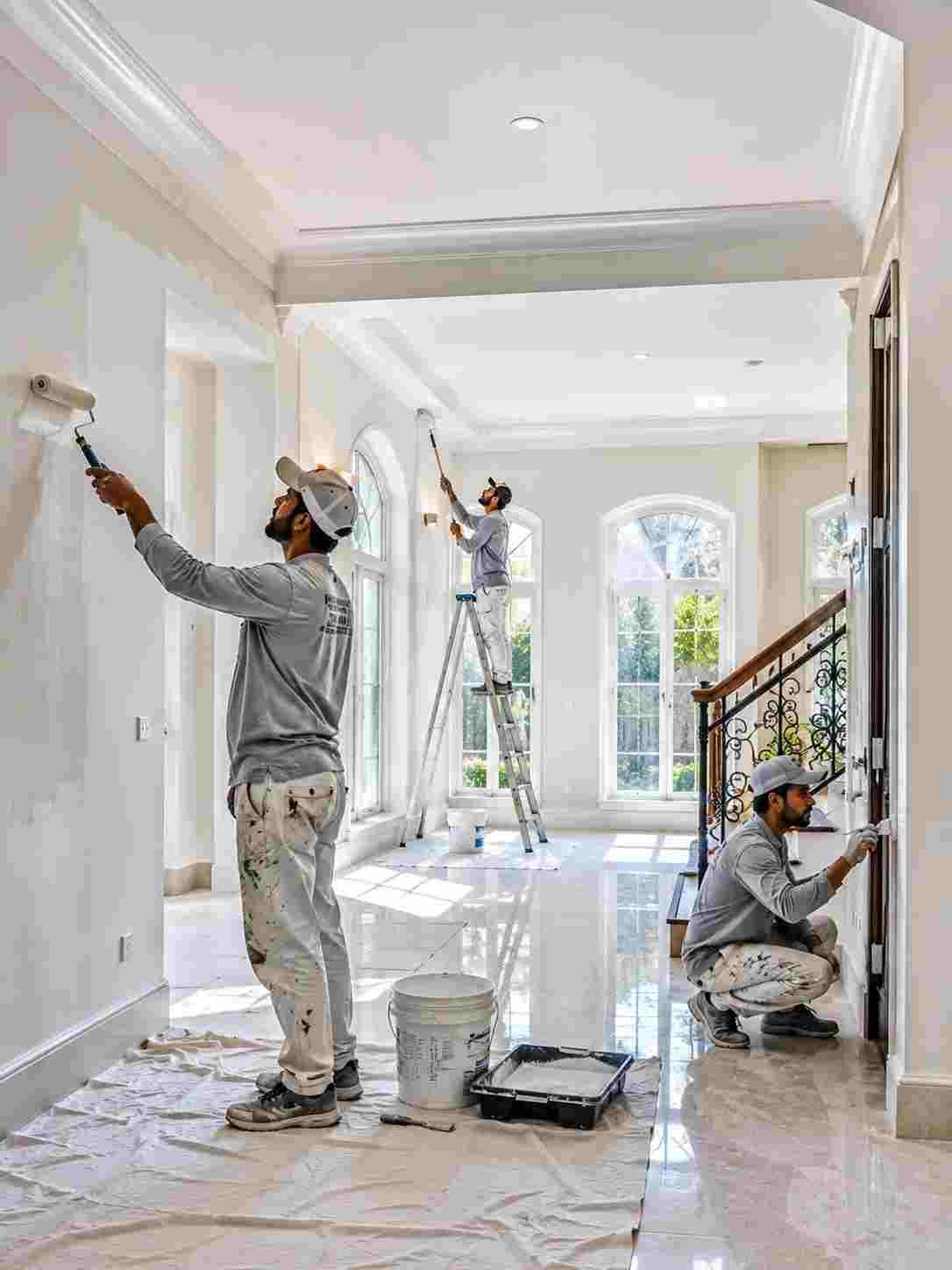 Painters applying fresh paint to walls and trim inside a Dubai villa