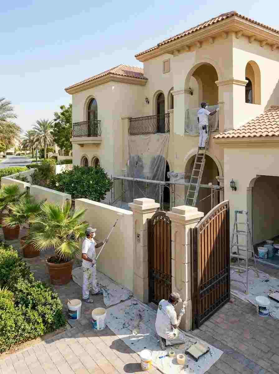 Painters repainting the exterior walls and boundary of a Dubai villa