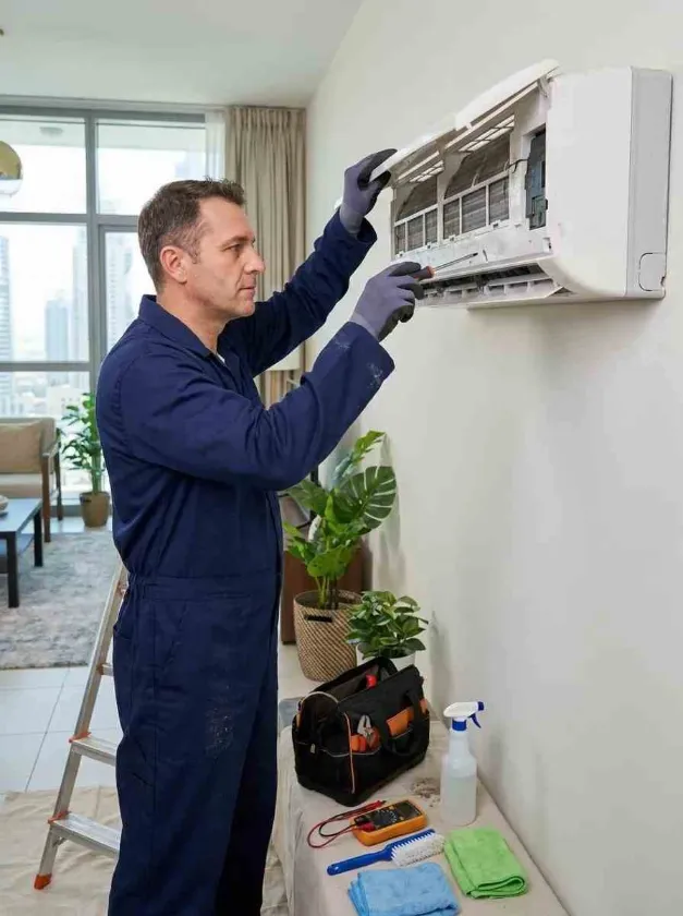 HVAC technician performing preventive AC maintenance on a split air conditioner in Dubai