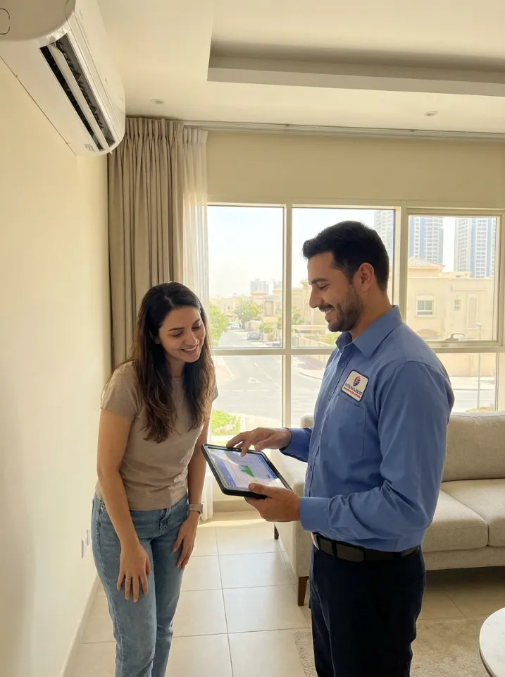 AC technician discussing air conditioning diagnosis with a homeowner in Sharjah
