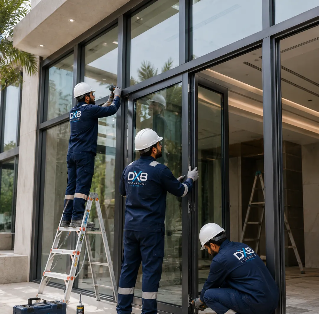 Dubai Technical Works Provide Aluminium & Glass Works in Dubai as the image represents 3 professionals working on Glass and Image works projects in dubai