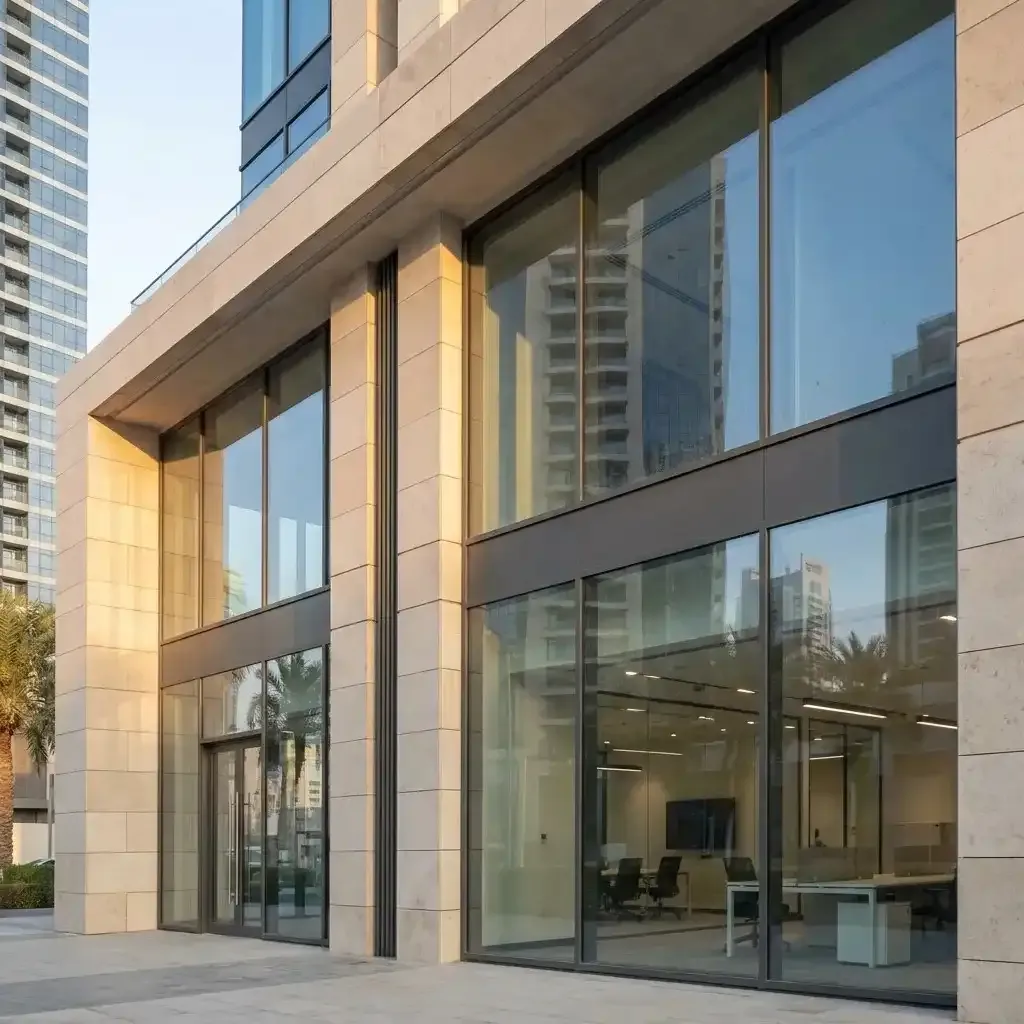 Modern commercial building in Dubai featuring aluminium curtain wall glazing, large glass panels, and premium aluminium entrance doors.