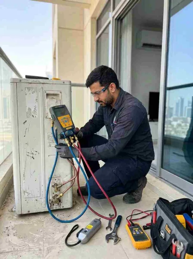 HVAC technician checking an AC refrigerant system for a possible gas leak in Dubai
