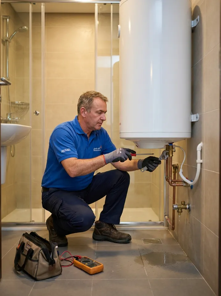 Professional technician repairing an electric water heater in a Dubai apartment