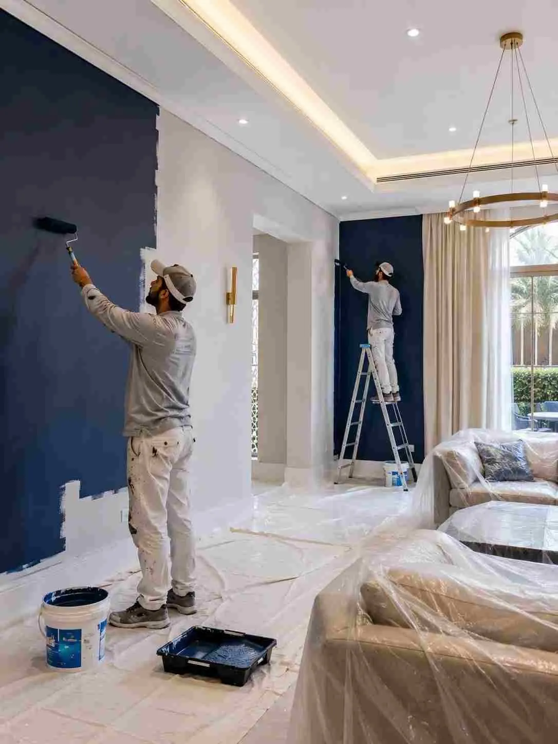 Painters creating navy feature walls in a luxury Dubai villa