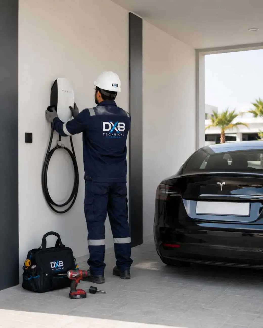 Man installing EV Charger on wall, looks like Tesla Charger Installation Service provide by dubai technical works