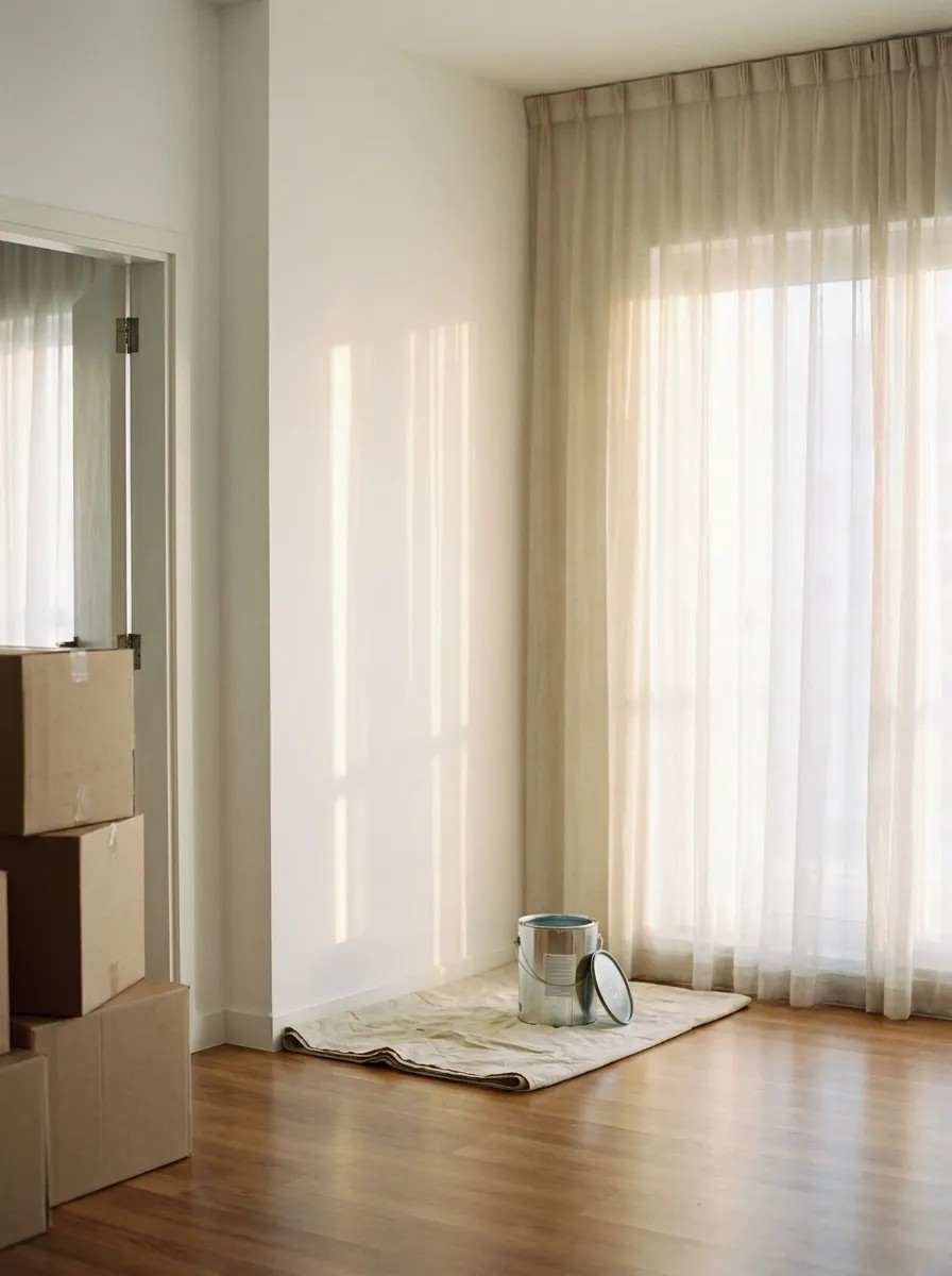 A spotless, empty JLT apartment with walls repainted to match the original clean white, paint supplies neatly arranged on a drop cloth, and soft afternoon light showing a flawless, scuff-free finish