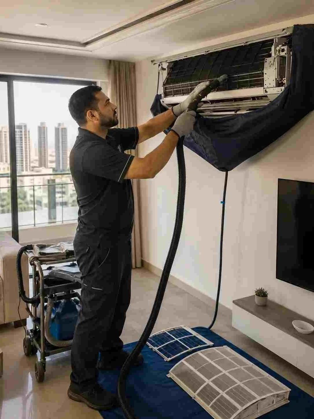 Dubai Technical Works technician professionally cleaning an indoor AC unit in a modern Dubai apartment