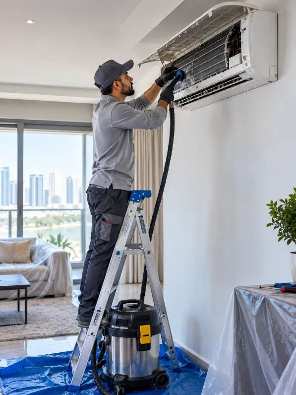 Technician cleaning a wall-mounted split AC in a modern Sharjah apartment