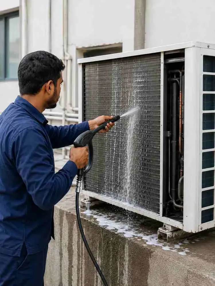 Technician pressure washing an outdoor AC condenser coil during professional AC coil cleaning in Dubai