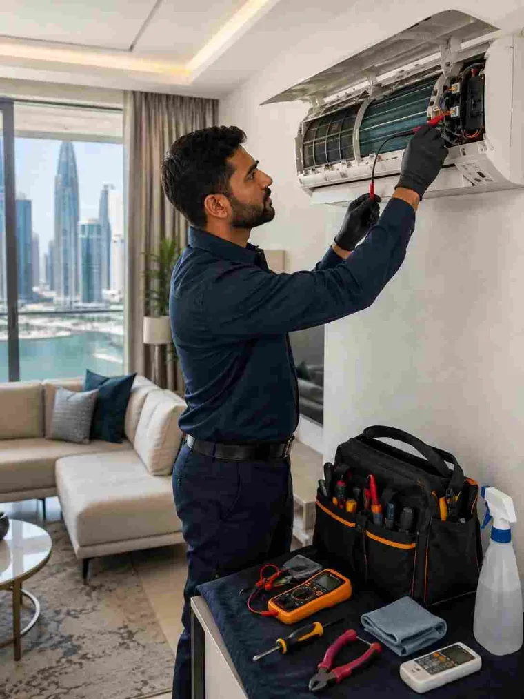 HVAC technician diagnosing and repairing a split AC unit in a Dubai apartment