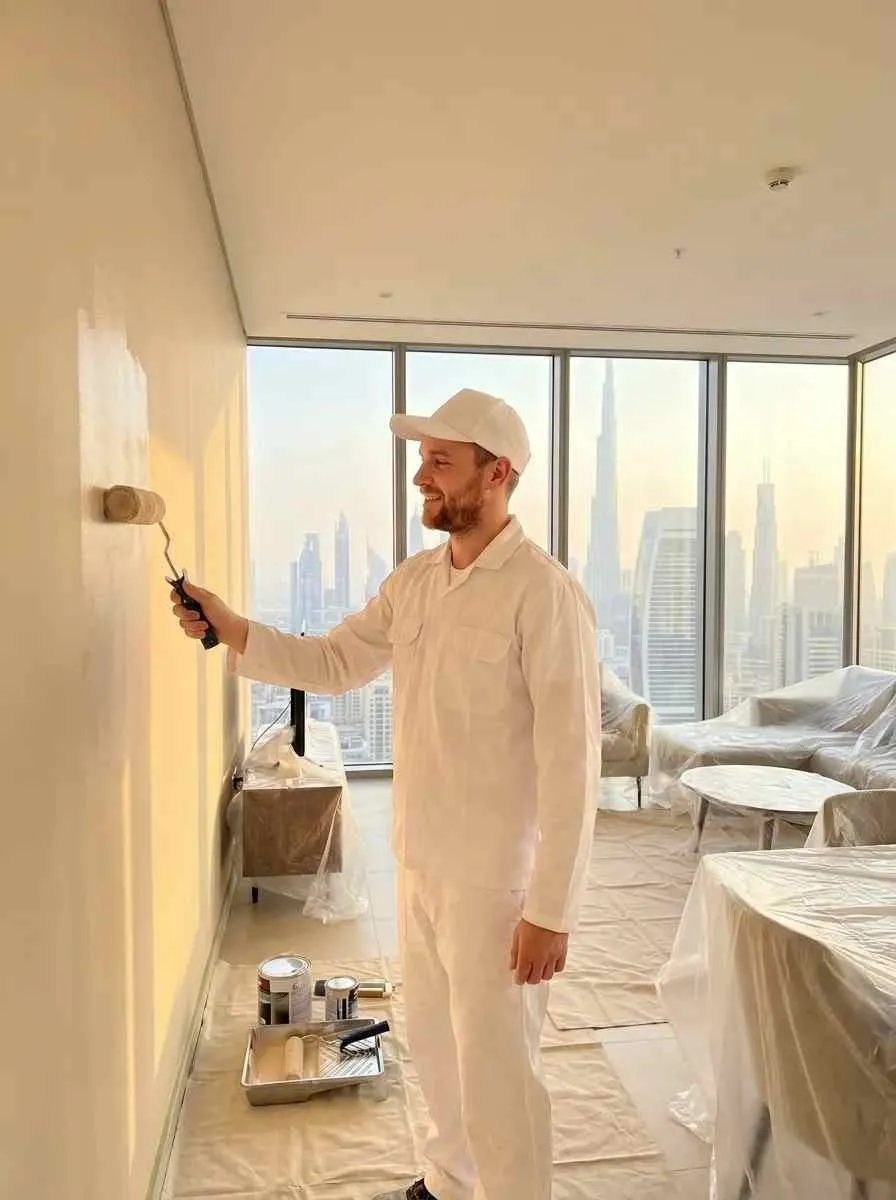 A skilled painter from Dubai Technical Works applying smooth beige emulsion paint to a modern apartment wall, with sunlight streaming through floor-to-ceiling windows overlooking the Dubai skyline