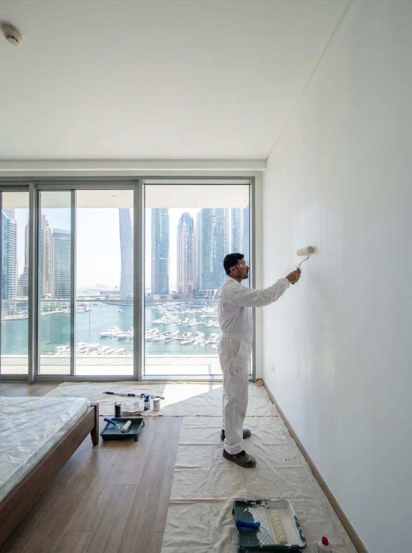 Professional painter applying white paint to an apartment wall in Dubai