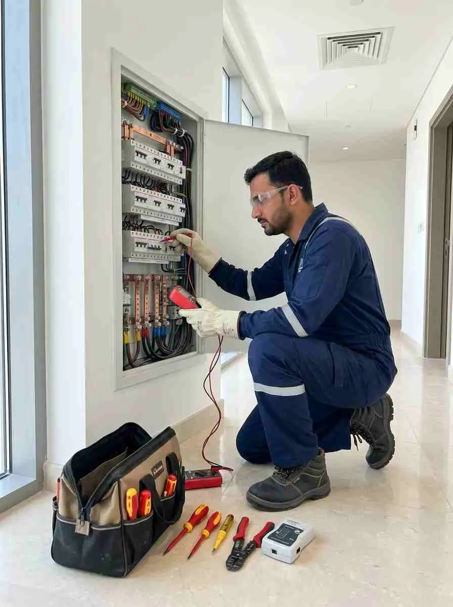 Electrical technician inspecting a distribution board during maintenance in Dubai