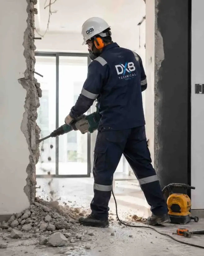 Professional demolition Worker from dubai technical works carefully and with safety guidlines demoloshing the wall with machine look professional demolishing service in dubai