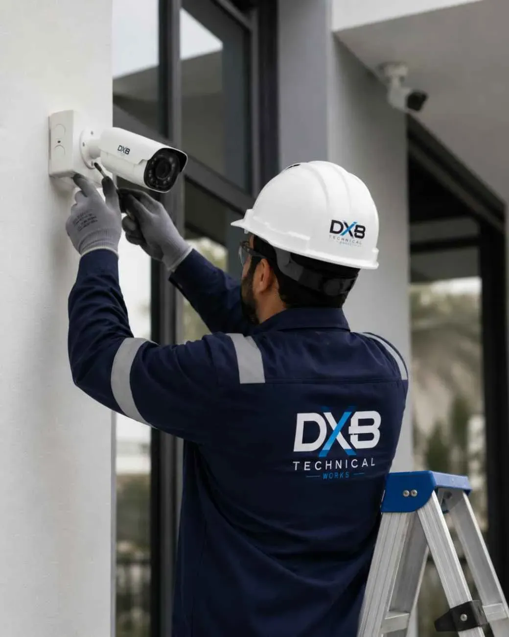 Professionl from dubai technical works working on installing carefully CCTV camera and look really professional