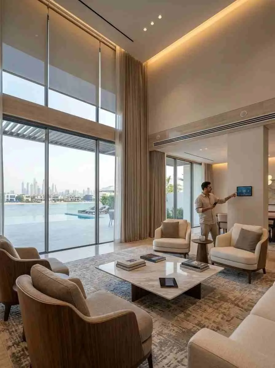 Smart home automation system integrated into a modern Dubai villa living room