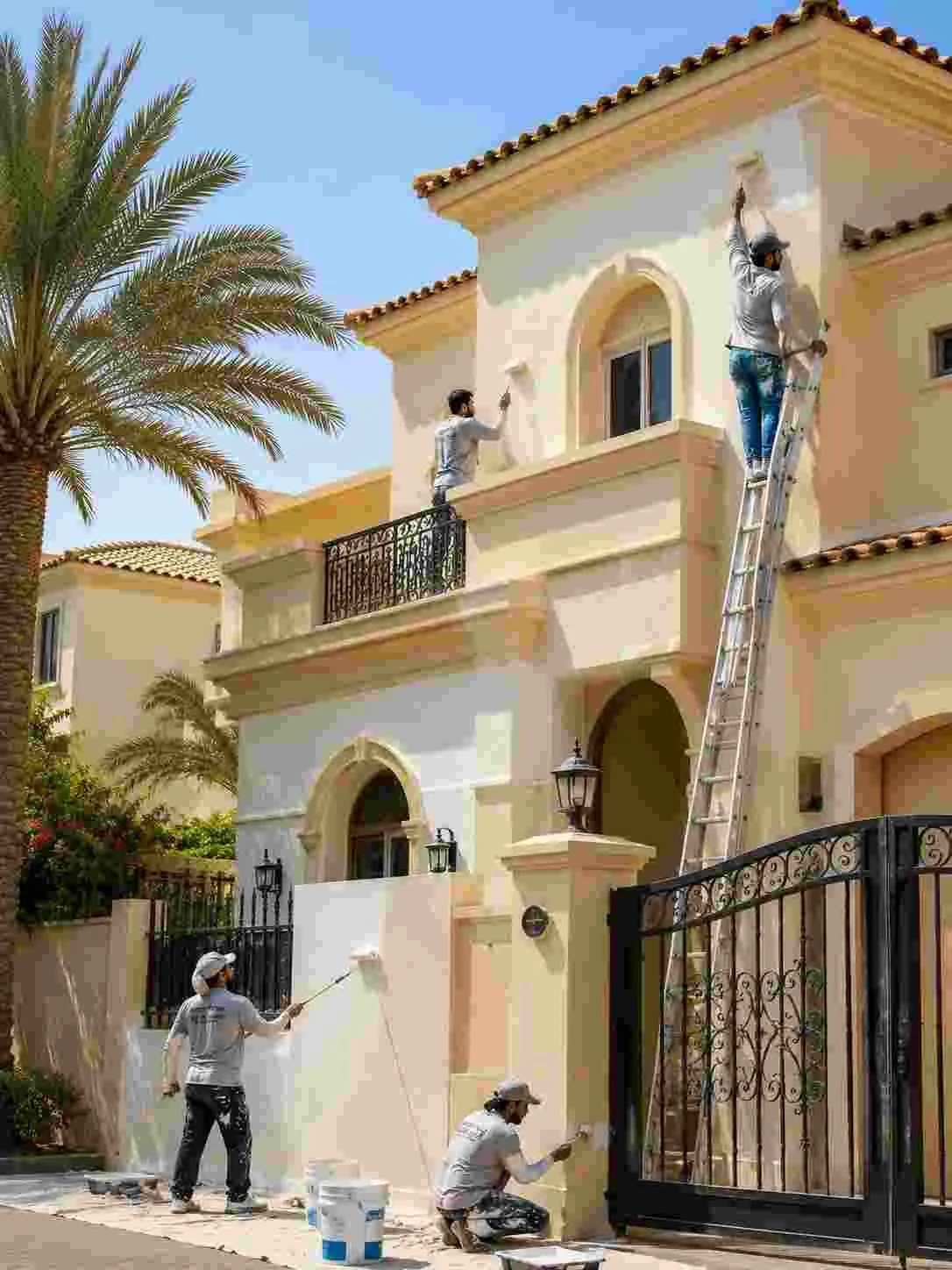 Painters applying fresh exterior paint to a Dubai villa