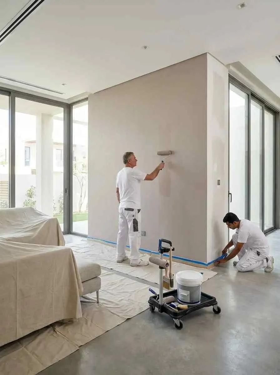 Professional painter applying fresh wall paint inside a Dubai villa