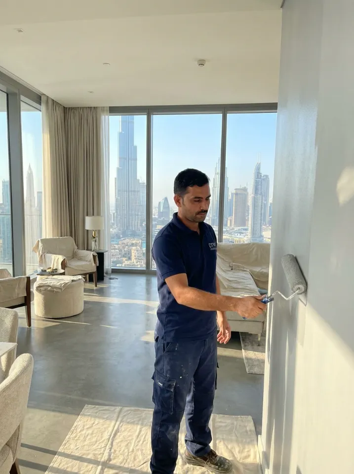 Professional painter repainting an apartment wall in Dubai