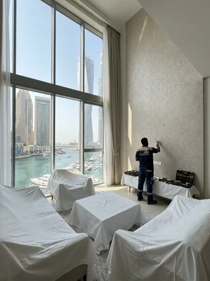 Technician repairing and preparing an apartment wall before painting in Dubai