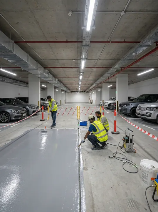 Workers applying waterproof protective coating to a concrete basement parking floor
