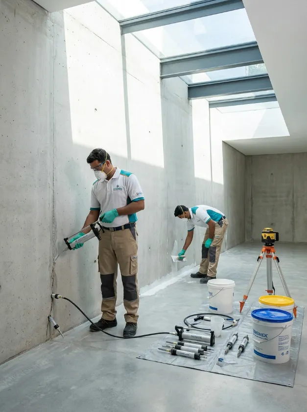 Technicians sealing cracks in a concrete basement wall with waterproofing equipment
