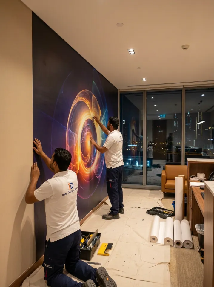 Dubai Technical Works team installing a colorful custom wall mural in a modern commercial interior.