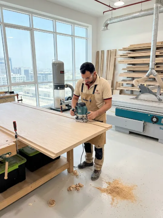 Carpenter using a handheld router to shape and finish a wooden furniture panel in a professional workshop.