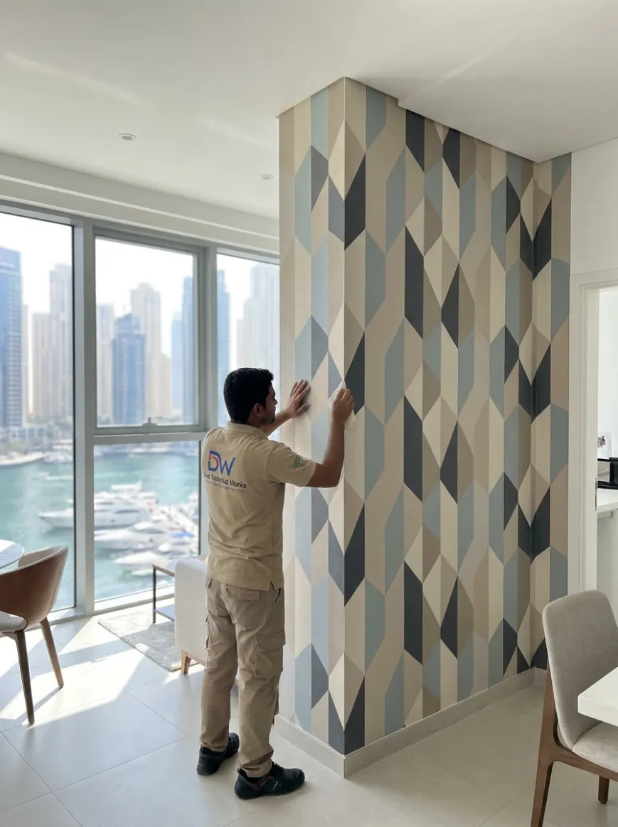 DTW technician installing geometric patterned wallpaper on a feature wall in a modern Dubai apartment.