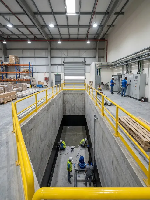 Technicians applying waterproofing protection inside an industrial concrete basement pit