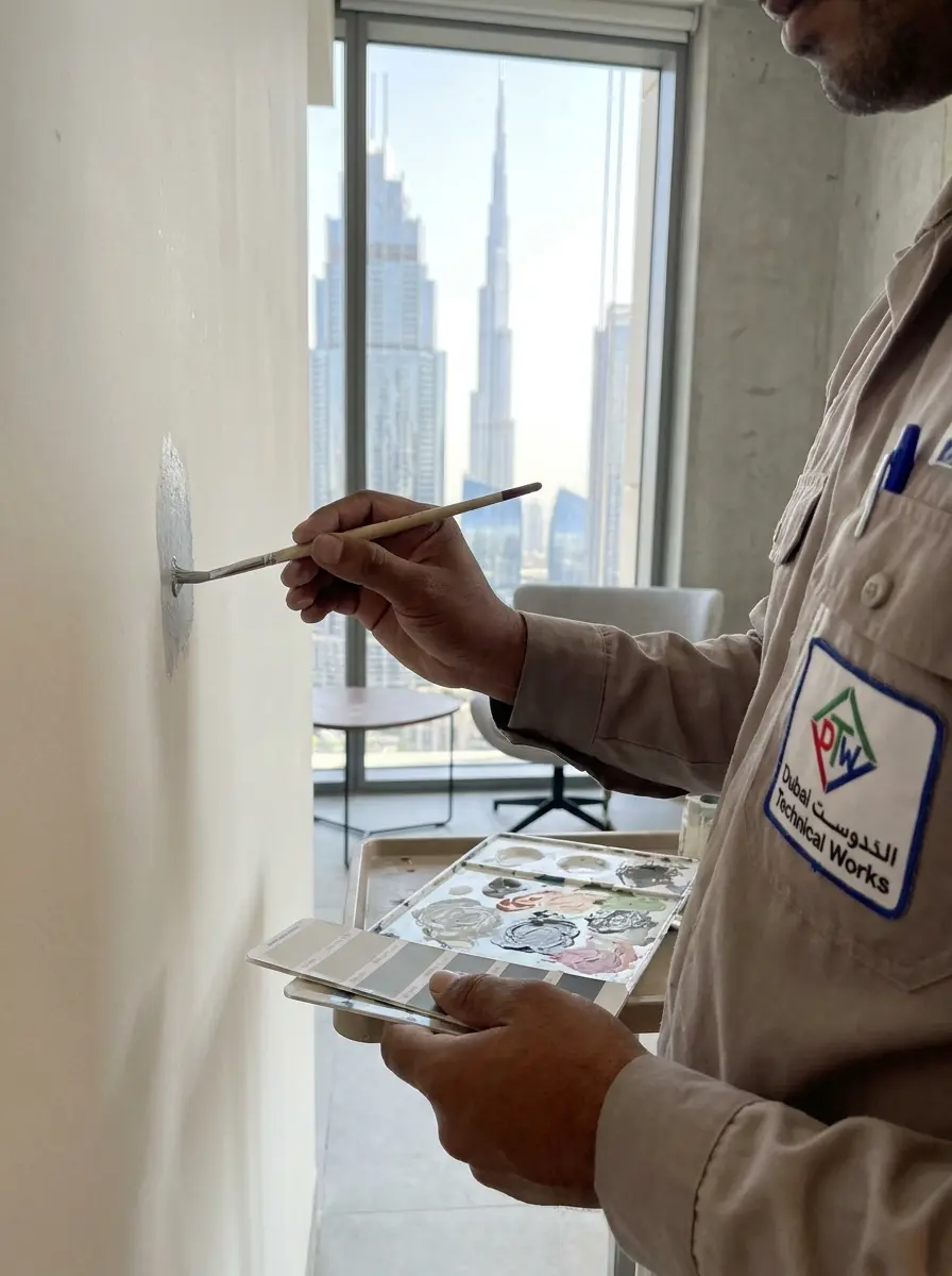 Dubai Technical Works technician applying paint to an apartment wall in Dubai