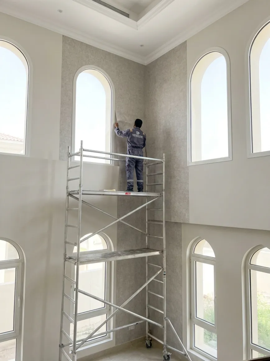 Wallpaper installer applying grey textured wallpaper to a curved staircase wall in a Dubai villa.