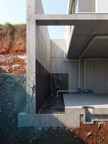 Basement waterproofing membrane protecting a villa foundation from groundwater