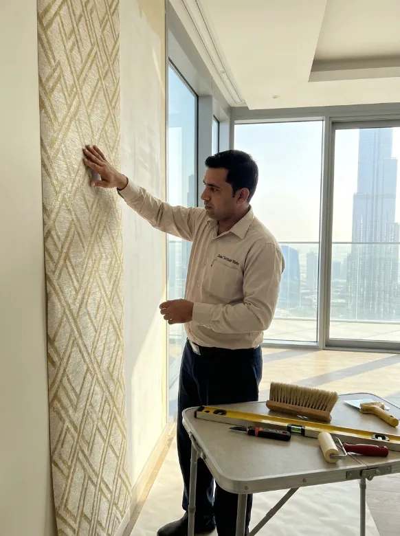 Dubai Technical Works technician smoothing beige textured wallpaper to achieve an even finish on an interior wall.
