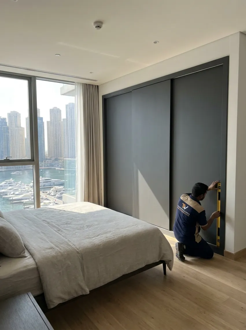 Carpenter checking the alignment of a large sliding wardrobe door in a modern bedroom.