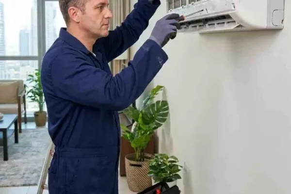 HVAC technician performing preventive AC maintenance on a split air conditioner in Dubai