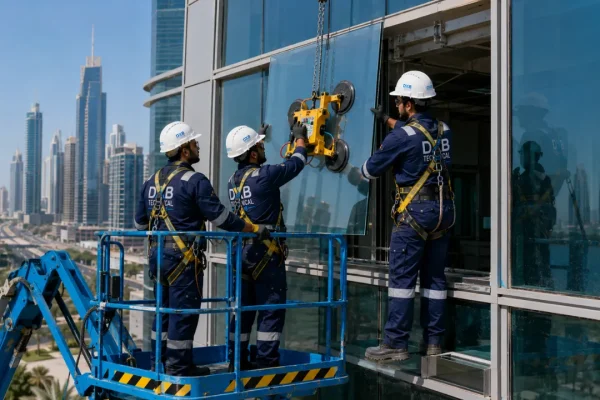Dubai technical works aluminium and glass professional working and installing mirror on building