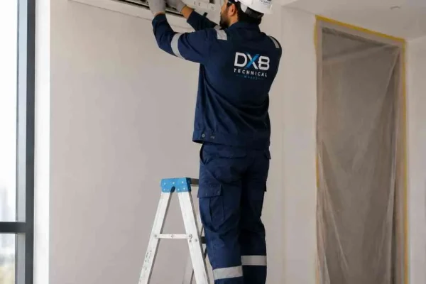 An Expert from Dubai Technical Works Team Repairing an AC by Standing on a Ladder the Best AC repair and technical Service provider in dubai and UAE