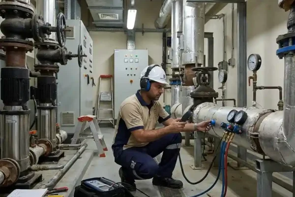 Technician using ultrasonic equipment to detect a chilled water pipe leak in a Dubai mechanical room