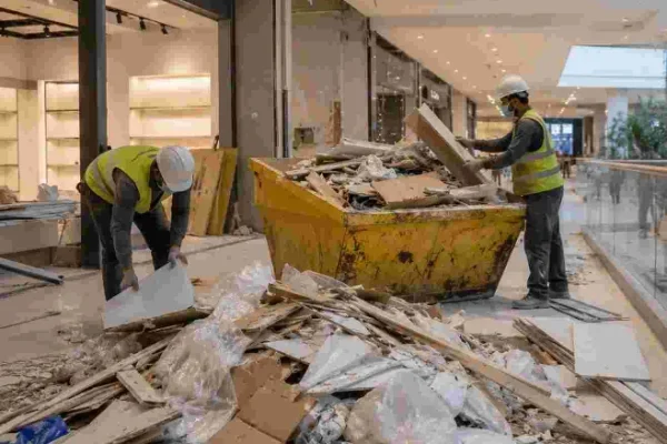 Workers removing construction rubbish and renovation debris from a residential site in Dubai