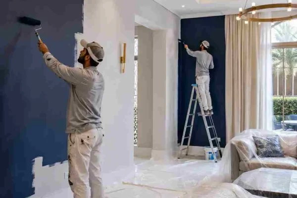 Painters creating navy feature walls in a luxury Dubai villa