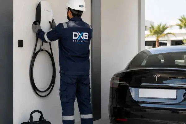 Man installing EV Charger on wall, looks like Tesla Charger Installation Service provide by dubai technical works