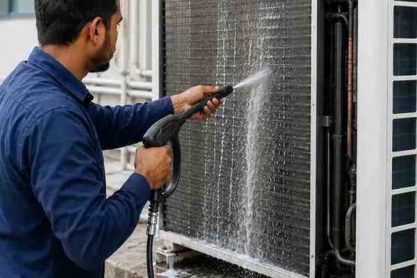 Technician pressure washing an outdoor AC condenser coil during professional AC coil cleaning in Dubai