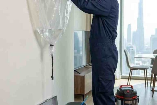 HVAC technician inspecting a dismantled split AC blower and components during deep cleaning in Dubai