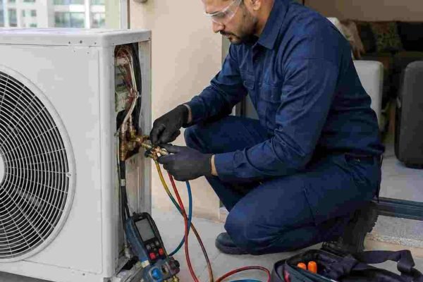 HVAC technician checking refrigerant levels during AC gas service in Dubai