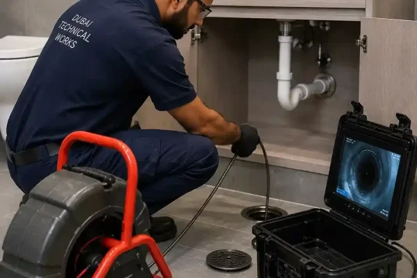 Technician performing professional drain cleaning and CCTV pipe inspection in a Dubai bathroom